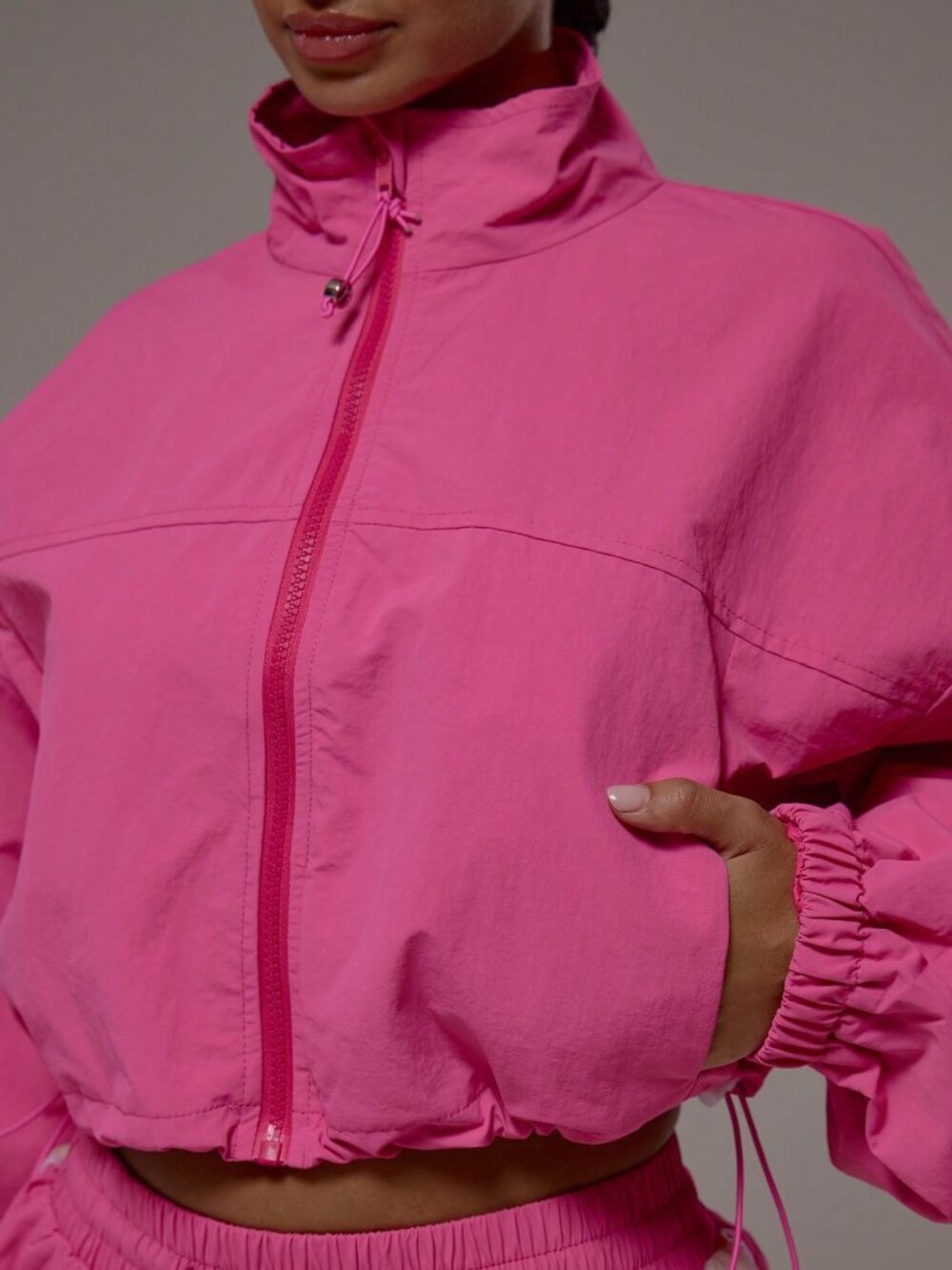 Pink Casual Women's Sport Funnel Neck Cropped Jacket - Picture 6 of 6